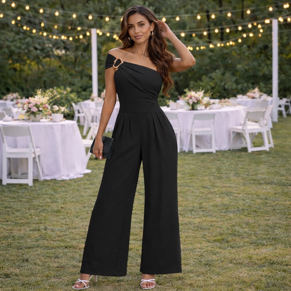 Off-Shoulder Black Wide-Leg Jumpsuit with Elegant Gold Accent